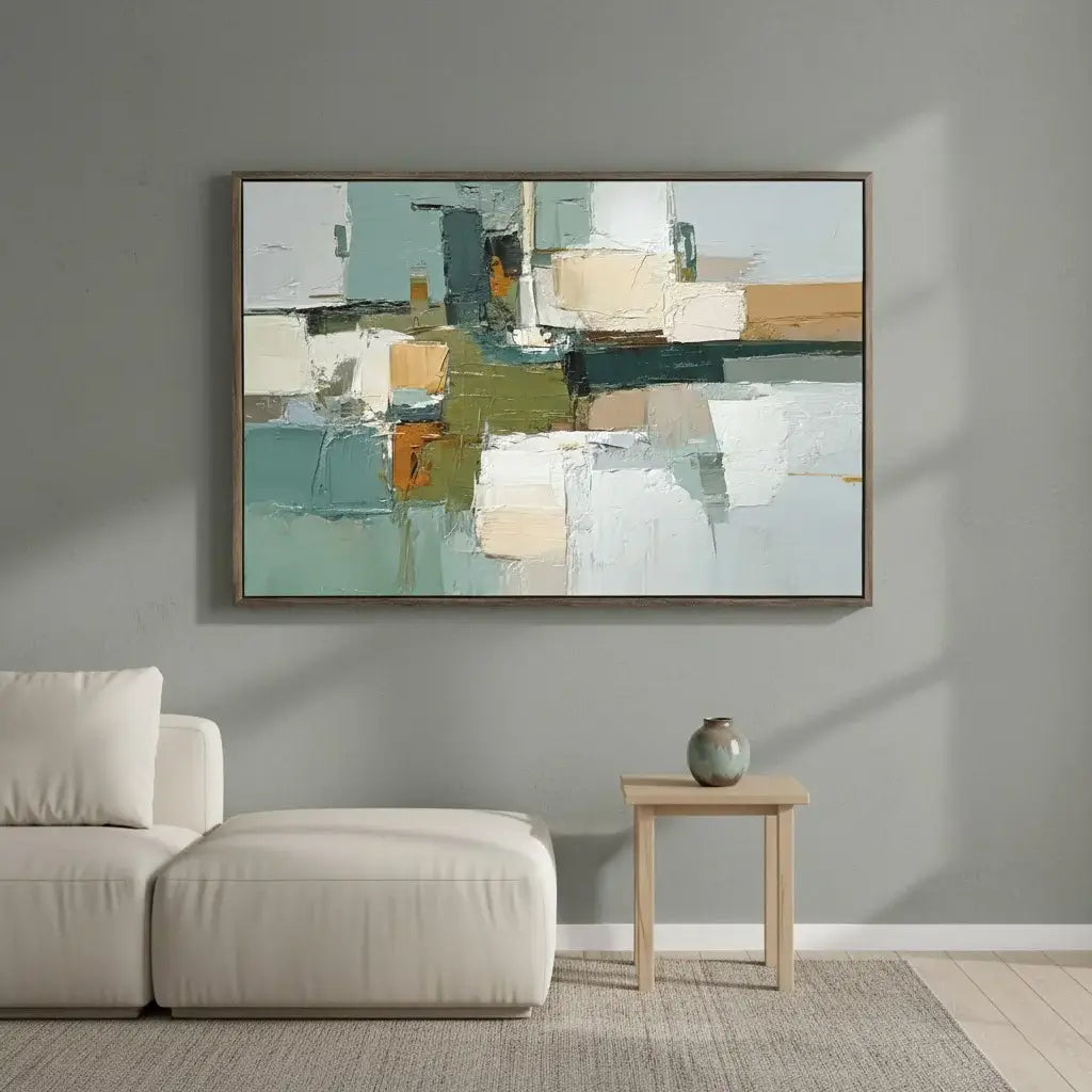Abstract painting on a gray wall above a beige sofa in a living room.