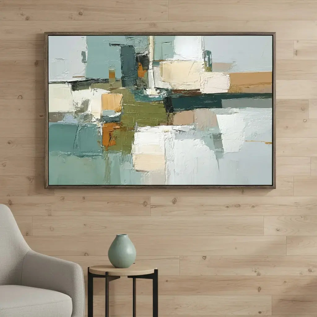 Abstract painting on a wooden wall with a side table and chair in a room setting