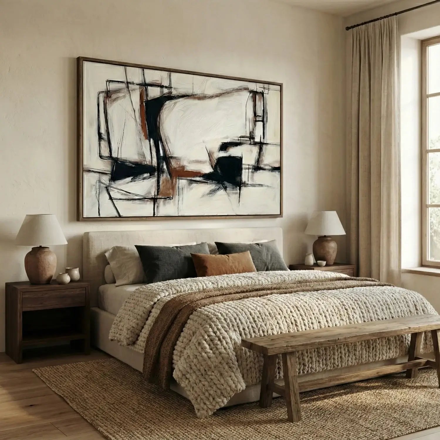 Cozy bedroom with abstract art, bed, and side tables.