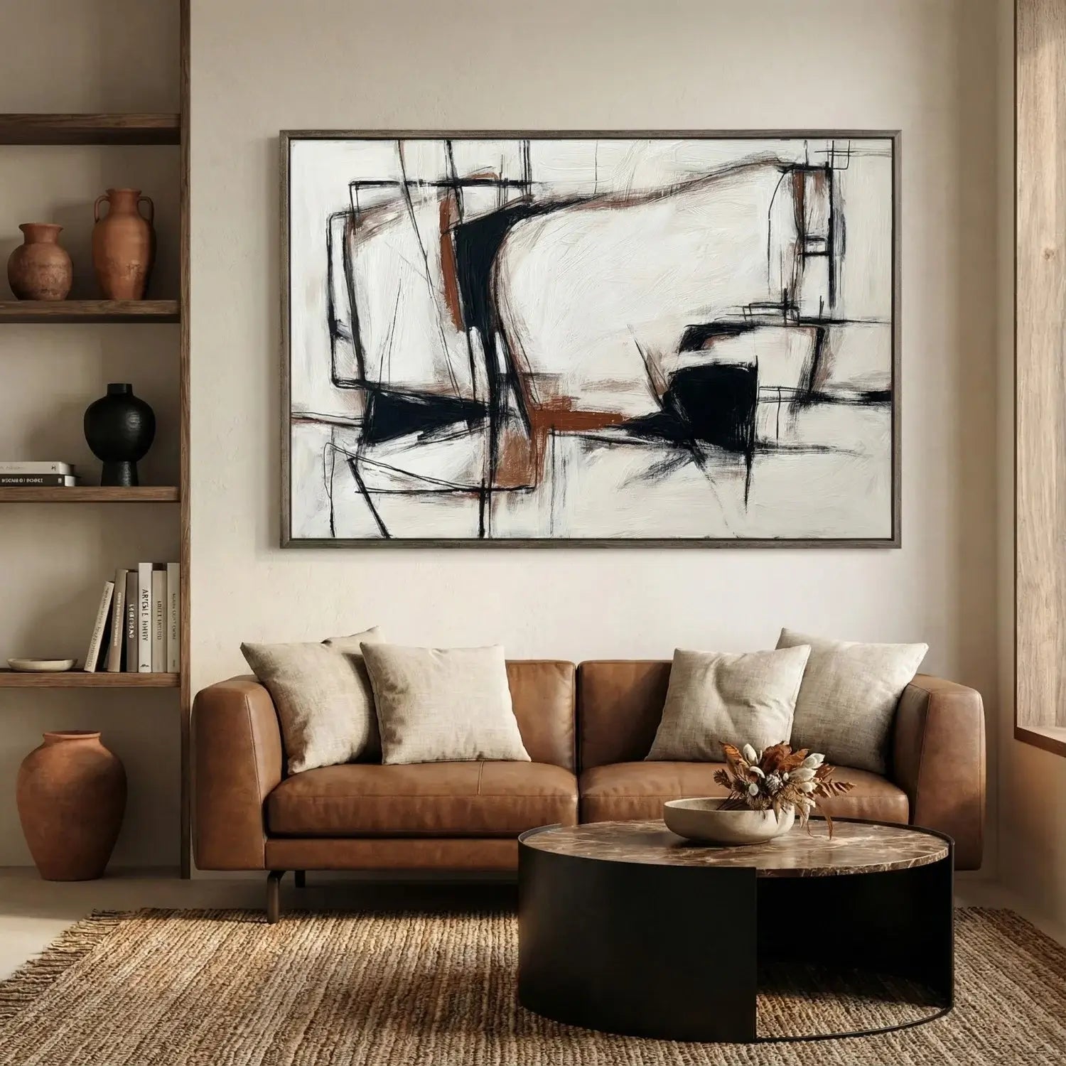 Modern living room with a brown leather sofa, abstract painting, and decorative items.