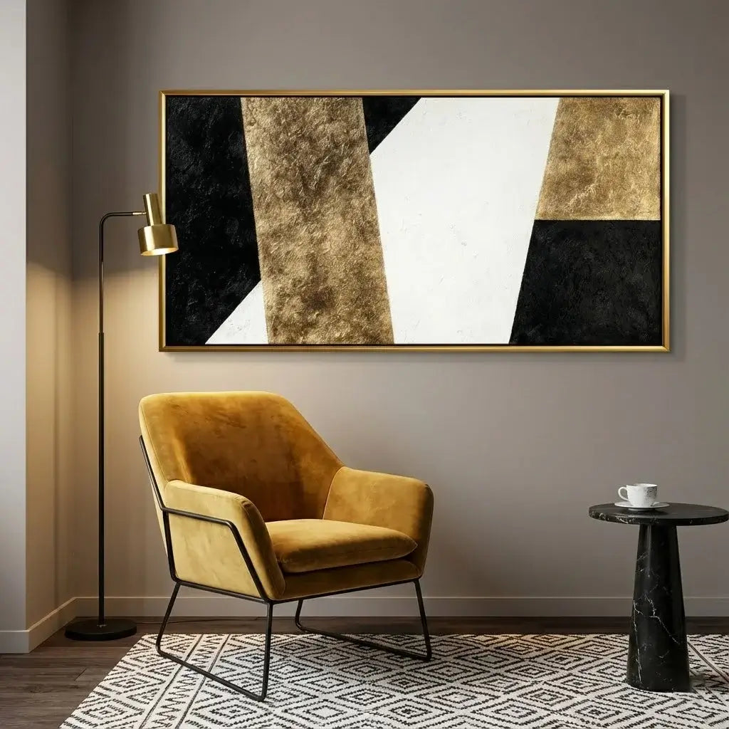 Modern living room with a mustard yellow armchair, abstract art, and a floor lamp.