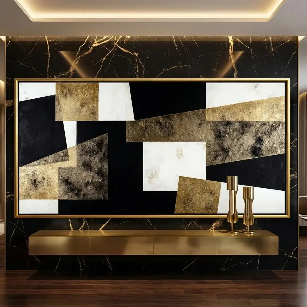 Modern interior design with abstract art and gold accents