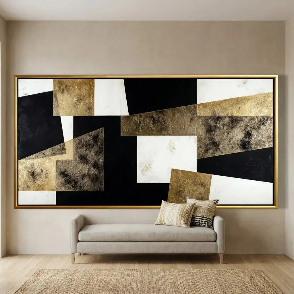 Abstract art piece in a modern living room setting with a sofa and decorative pillows.