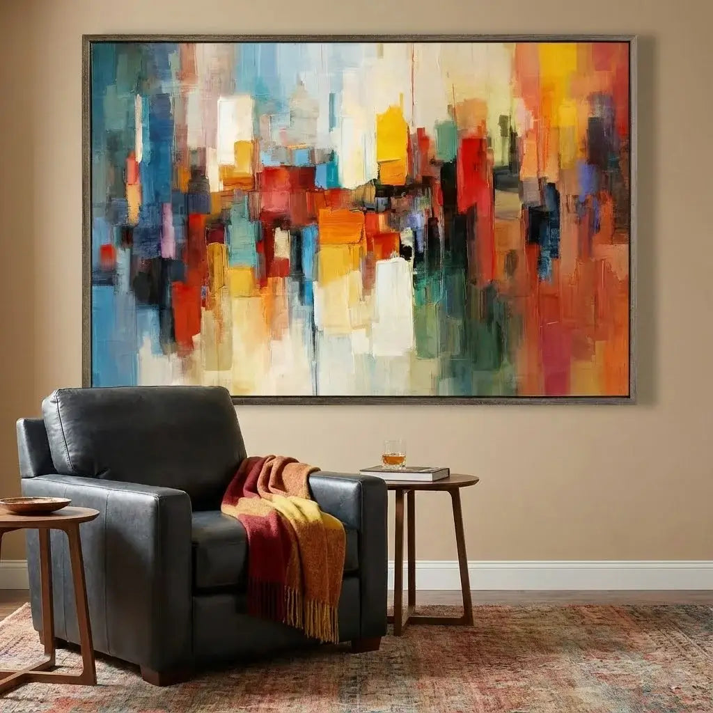 Living room with a black armchair, colorful abstract painting, and small table.