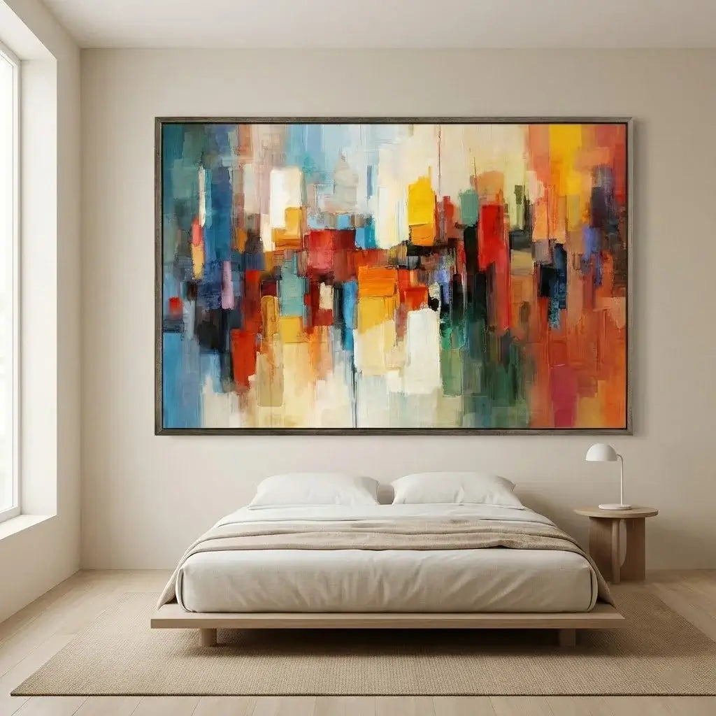Modern bedroom with a large abstract painting on the wall