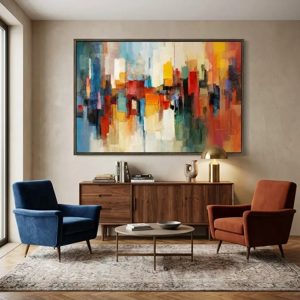 Modern living room with abstract art, furniture, and decor.