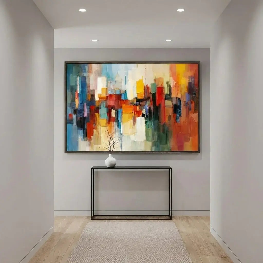 Colorful abstract painting on a wall above a console table in a room.