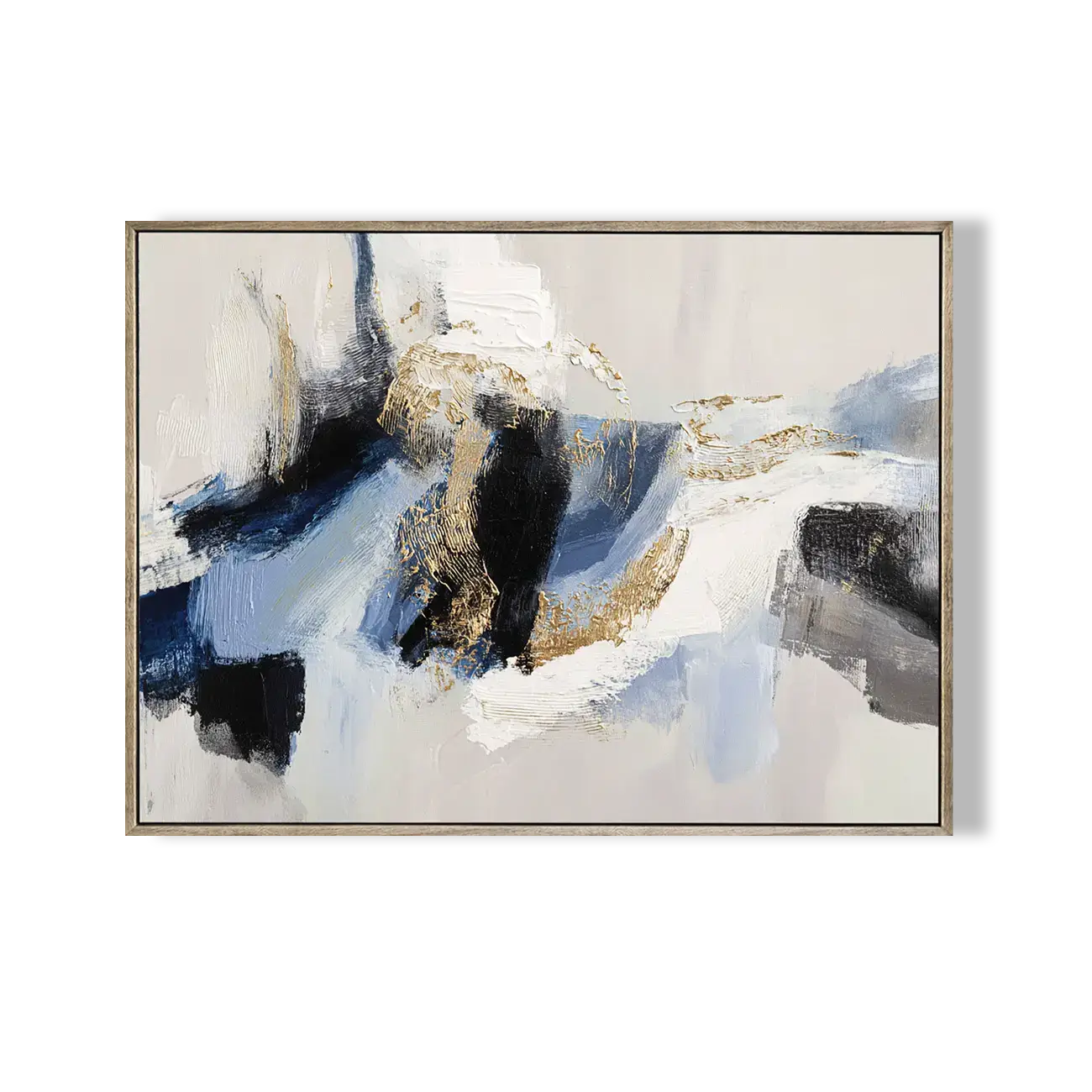 Abstract art painting with blue, black, and gold on a white background