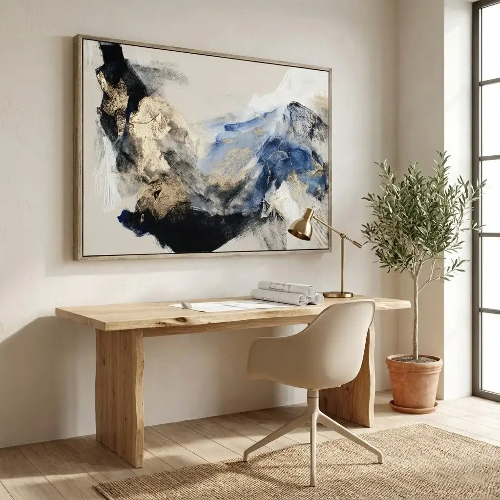 Modern home office with wooden desk, chair, abstract painting, and plant.