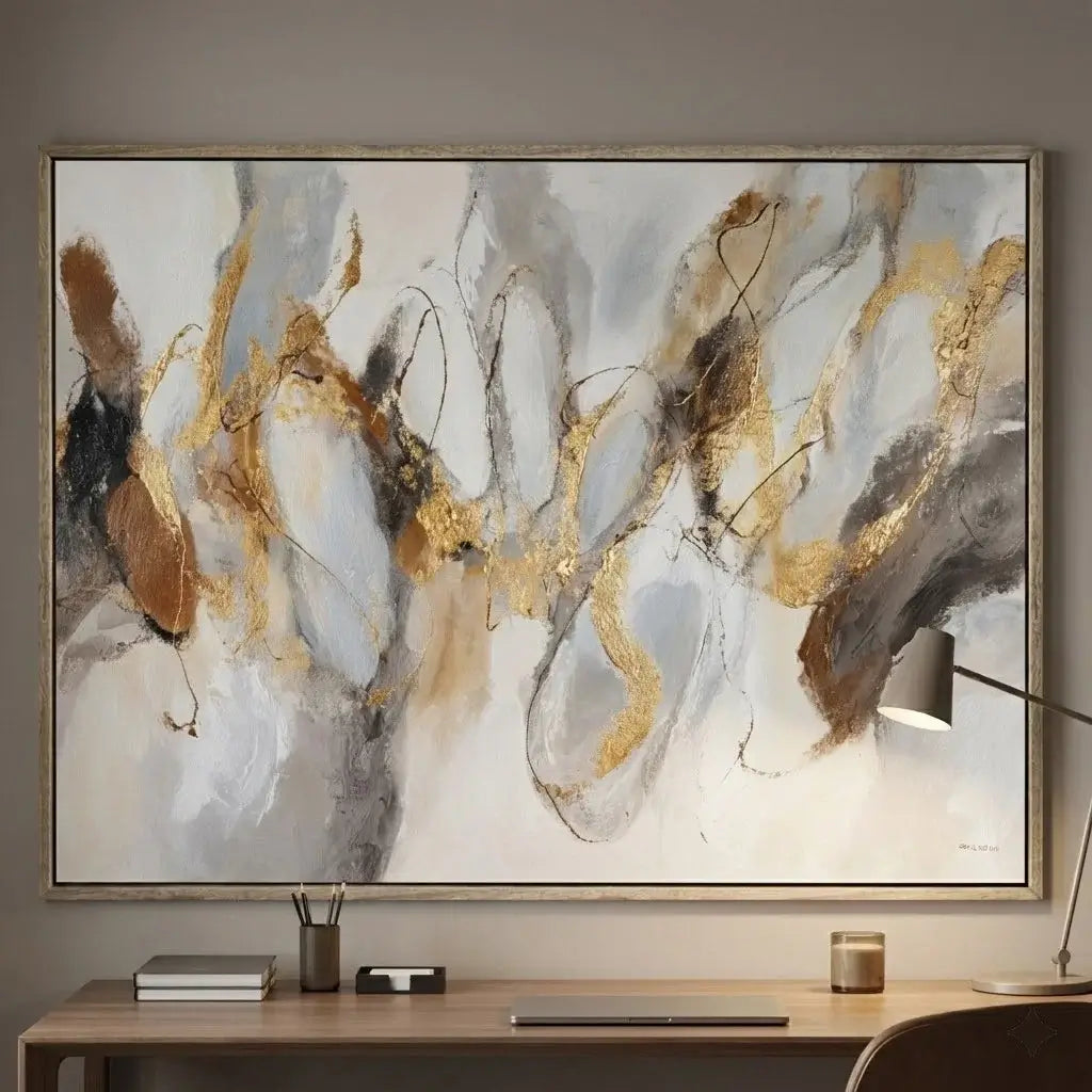 Abstract art painting with gold and brown accents on a wall above a desk.