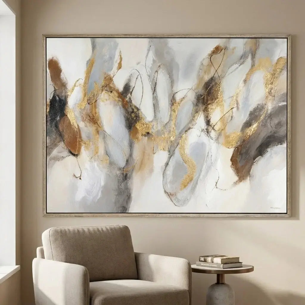 Abstract art piece with gold and gray tones in a modern living room setting.