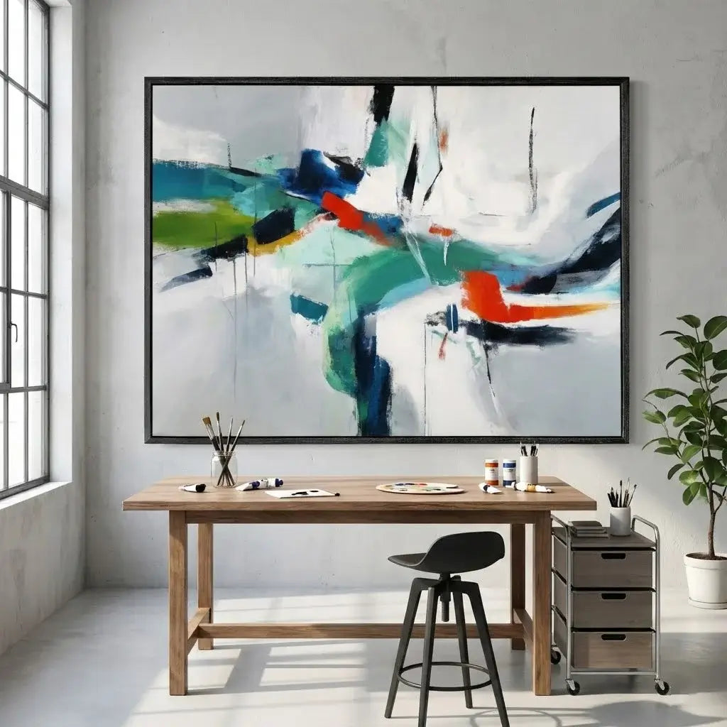 Modern office space with a large abstract painting on the wall, wooden desk, and chair.