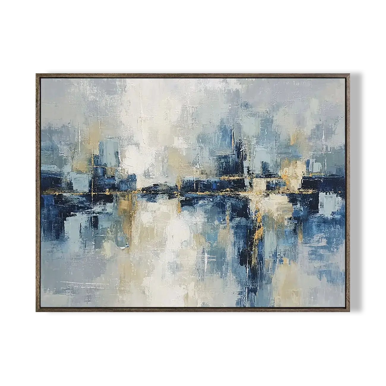 Abstract painting with blue, gold, and white tones in a wooden frame on a white background