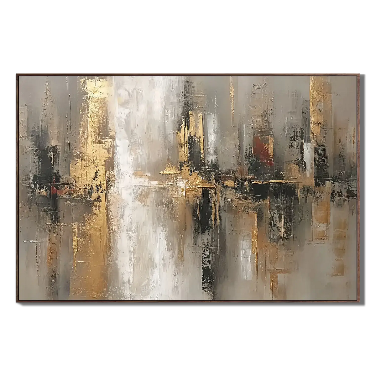 Abstract painting with gold and black tones on a white background