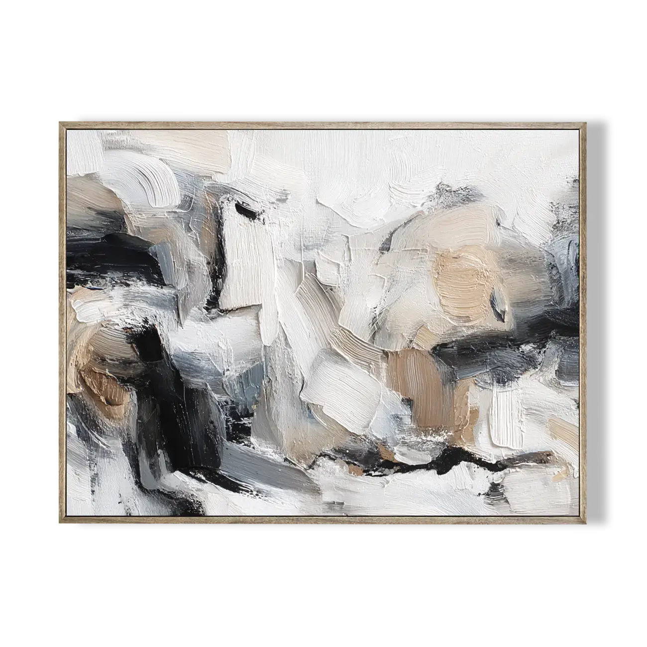 Abstract art painting with black, white, and beige tones in a wooden frame on a white background.