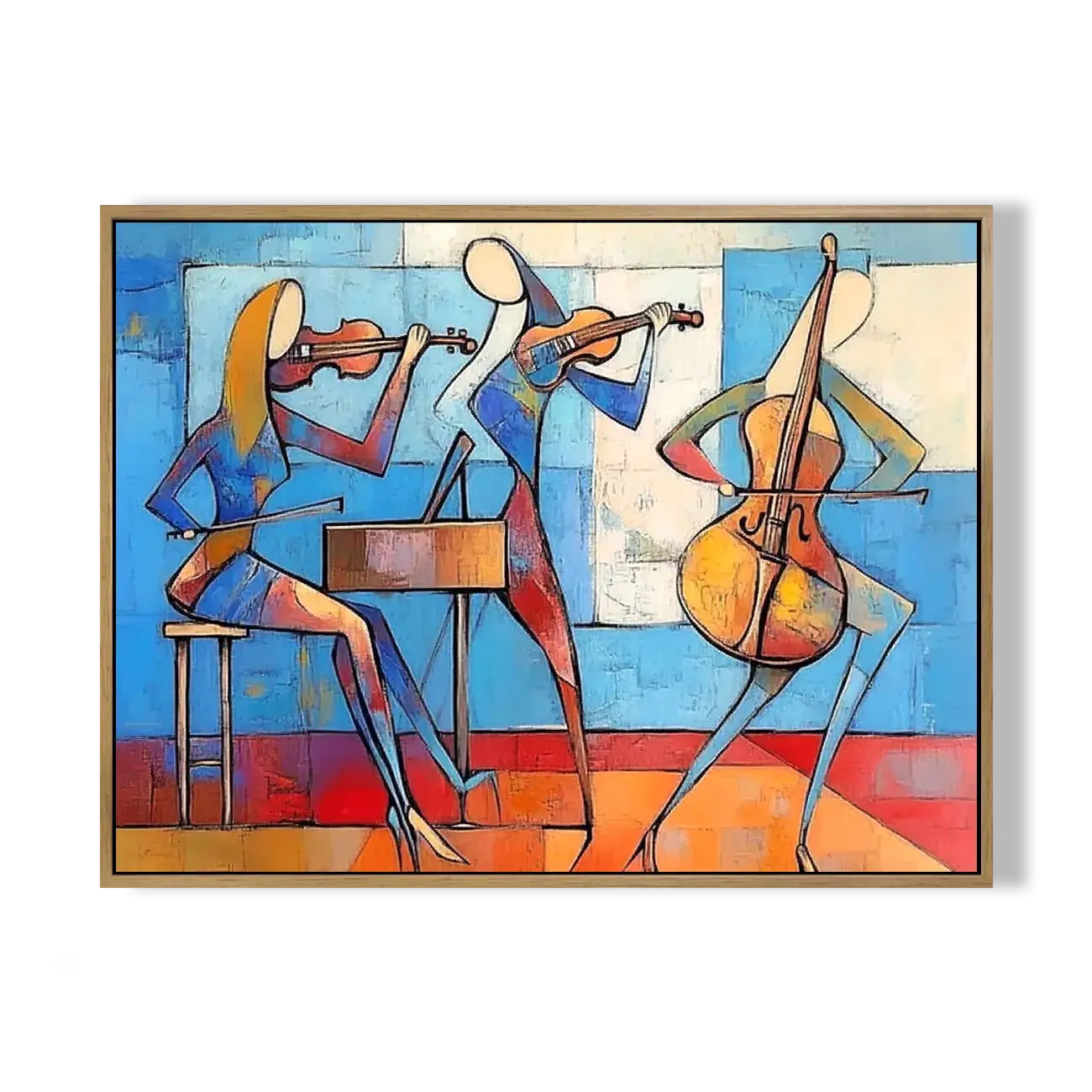 Abstract artwork of musicians playing instruments on a colorful background