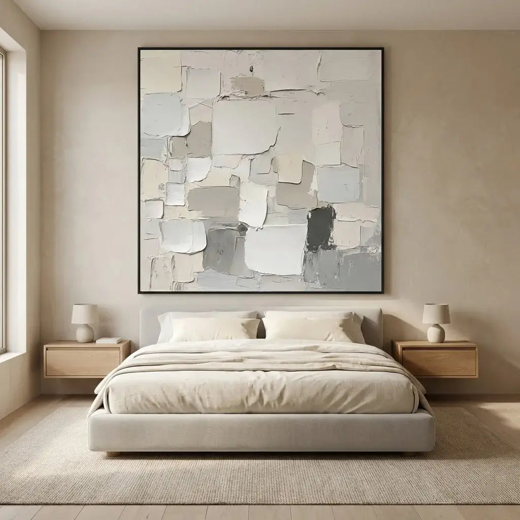 Modern bedroom with abstract art on the wall, bed, and side tables.