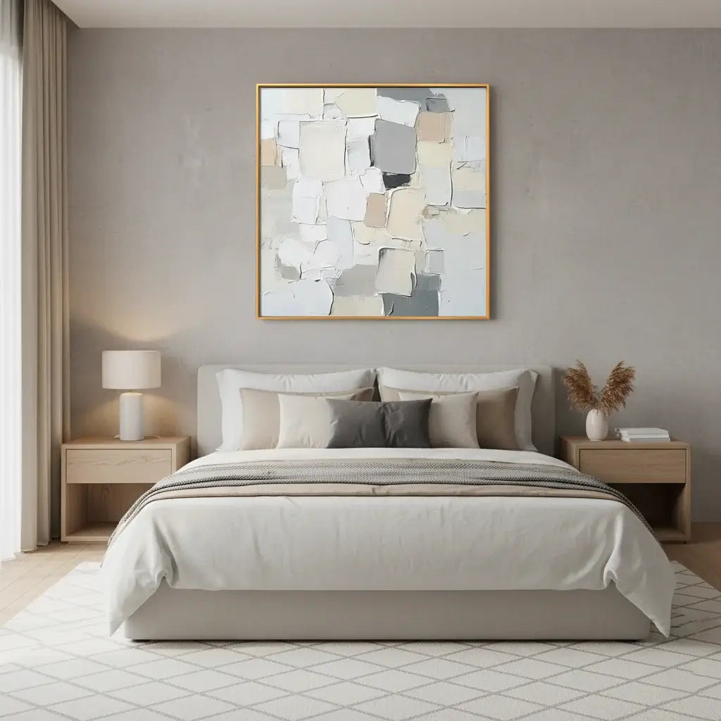 Modern bedroom with a bed, nightstands, and abstract wall art.
