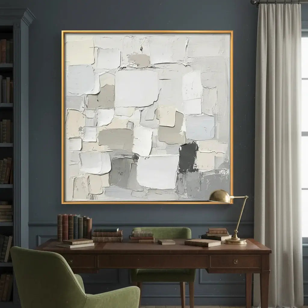 Abstract art piece on a wall above a desk in a room with books and a chair.