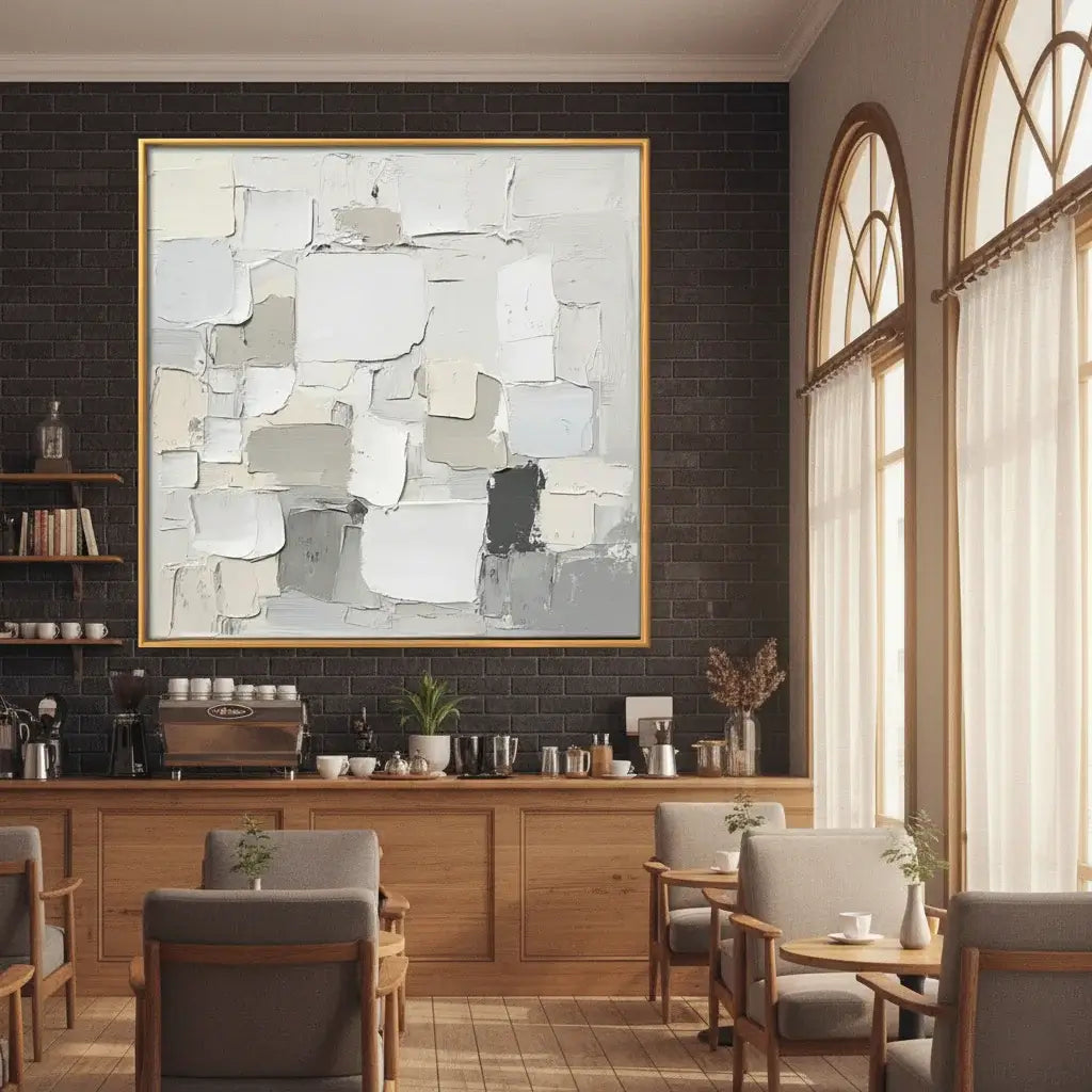 Modern cafe interior with abstract art on the wall and seating area.