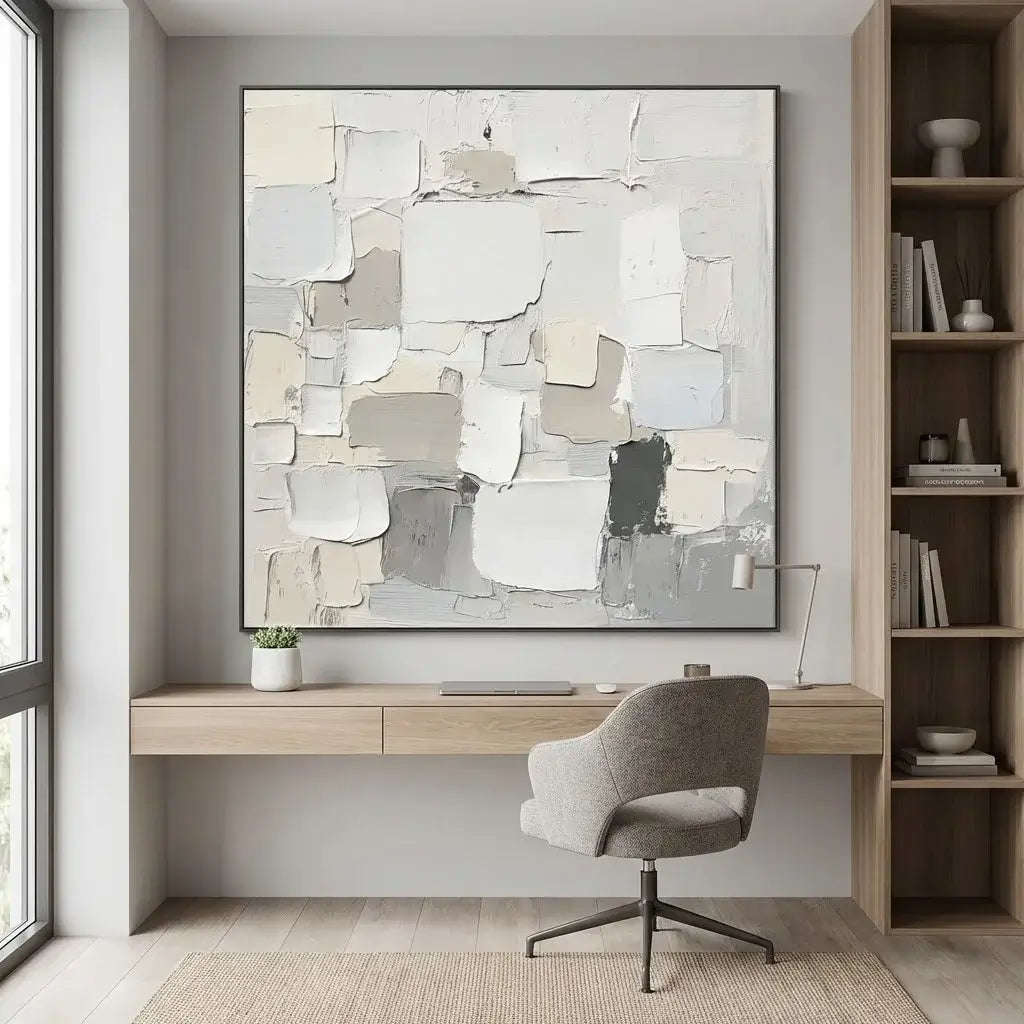Modern home office with abstract art, desk, and bookshelf.