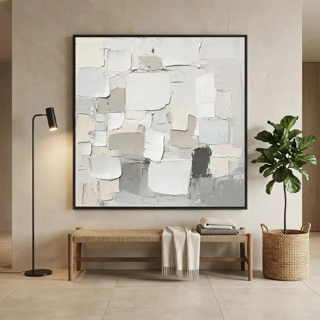 Abstract painting in a modern interior setting with a bench, lamp, and plant.