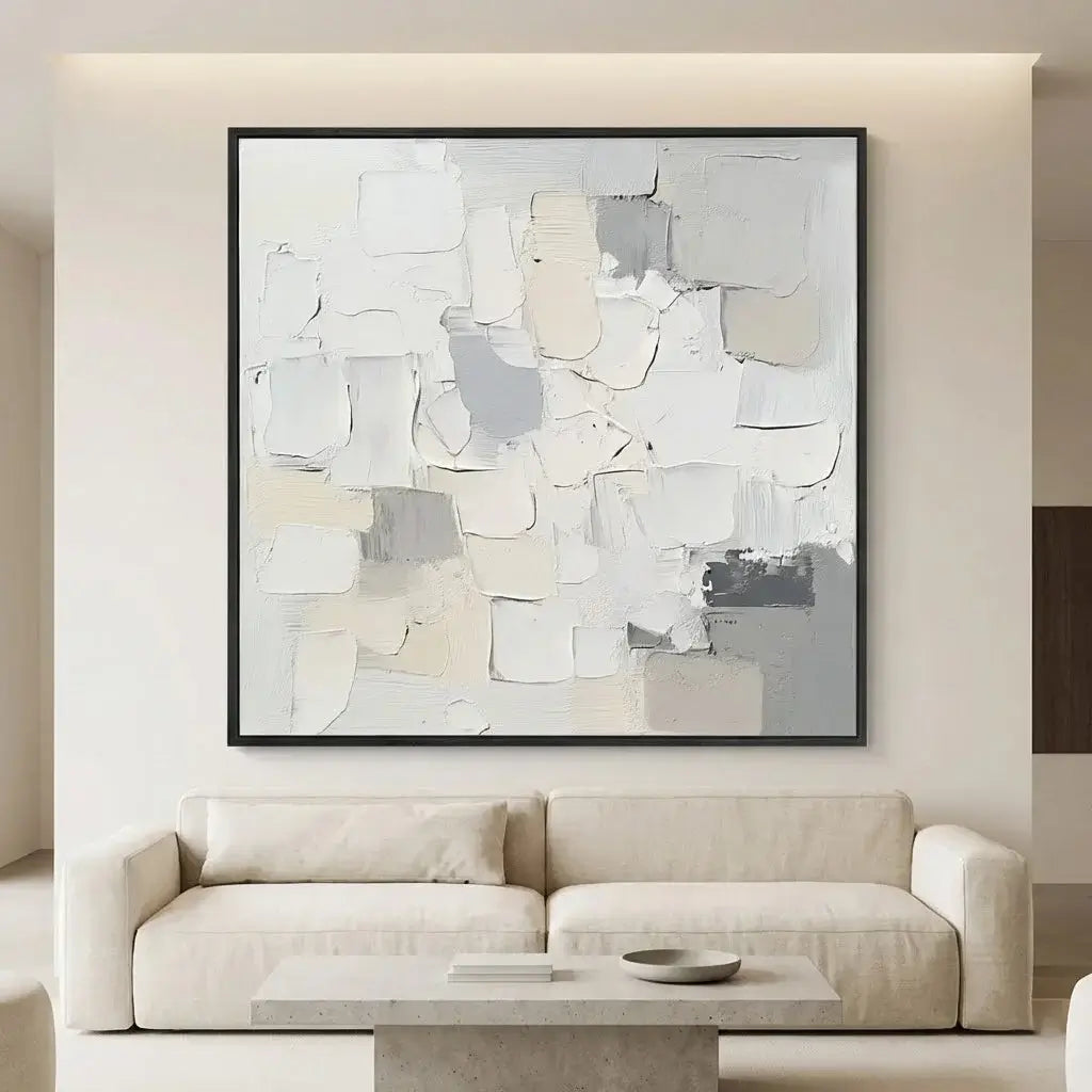 Abstract art piece on a wall above a beige sofa in a modern living room.