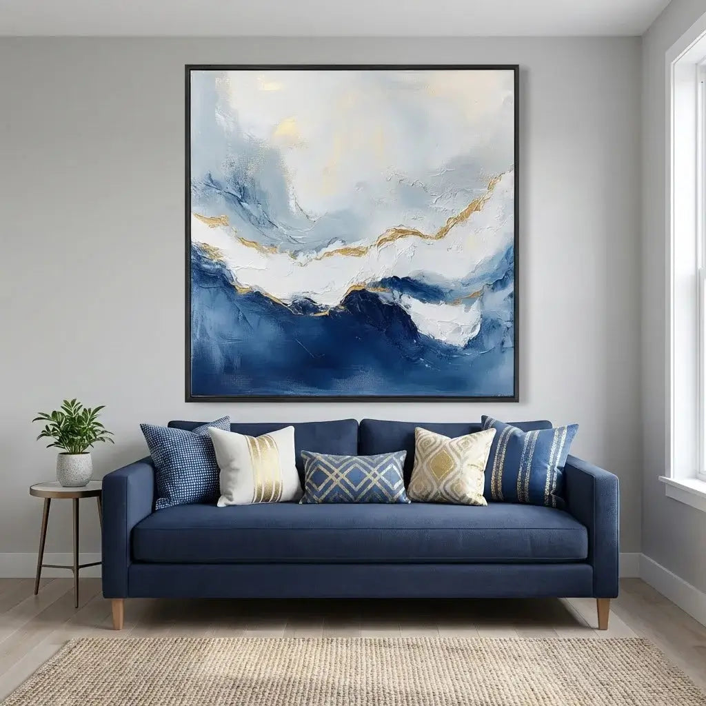 Living room with a blue sofa, decorative pillows, and a large abstract painting on the wall.