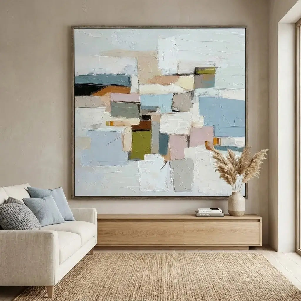 Abstract art piece on a wall in a living room with a sofa and decor.