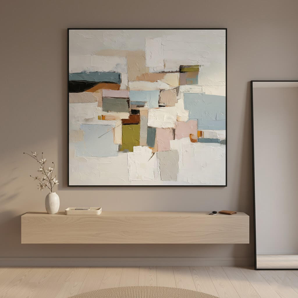 Abstract art piece on a wall above a wooden console table.