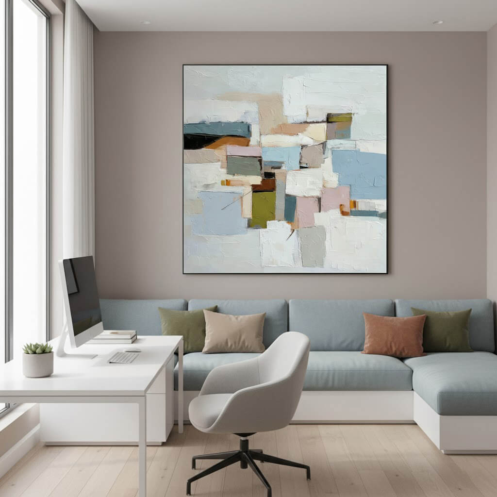 Modern office space with a gray sofa, white desk, and abstract painting on a purple wall.