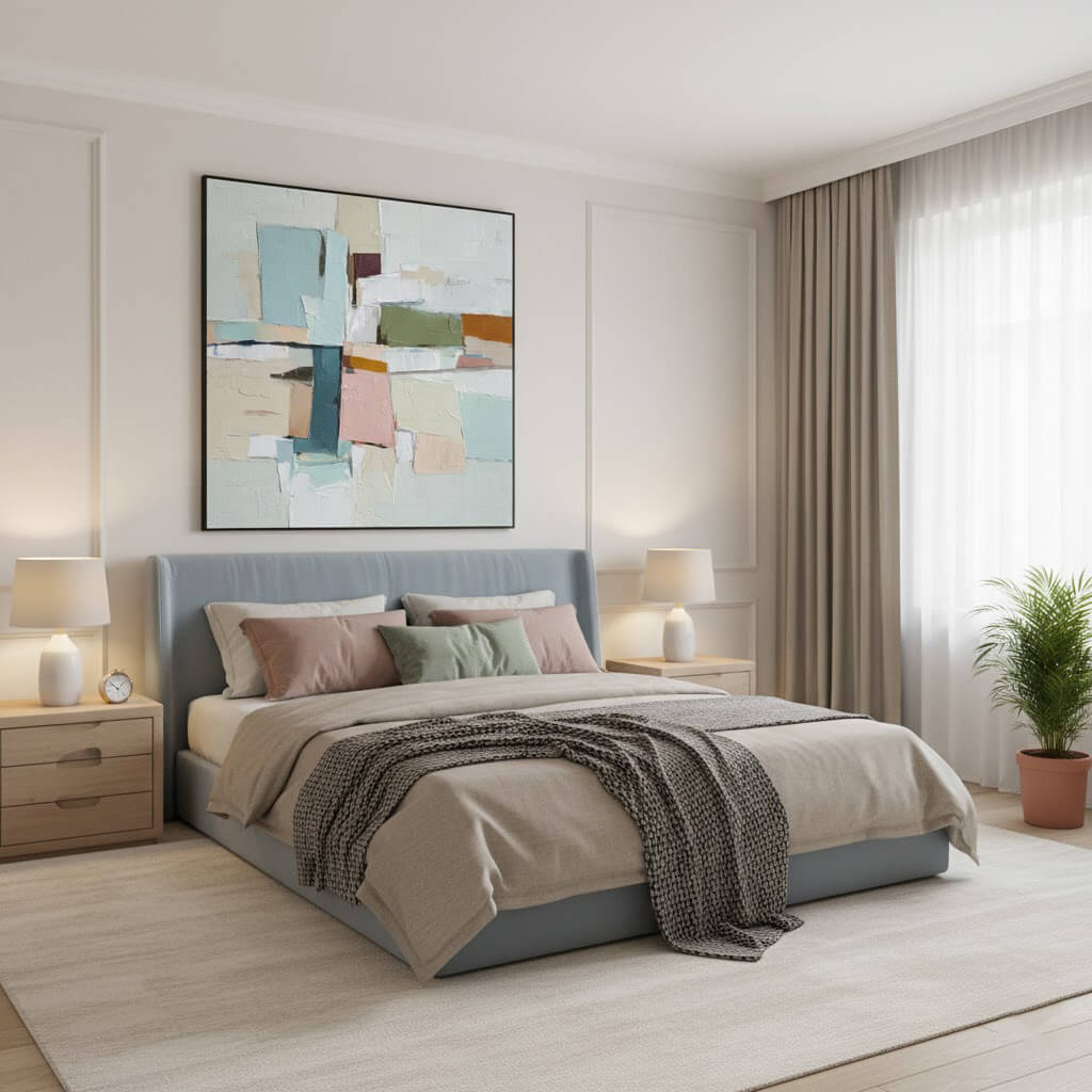 Modern bedroom with a bed, abstract painting, and lamps.