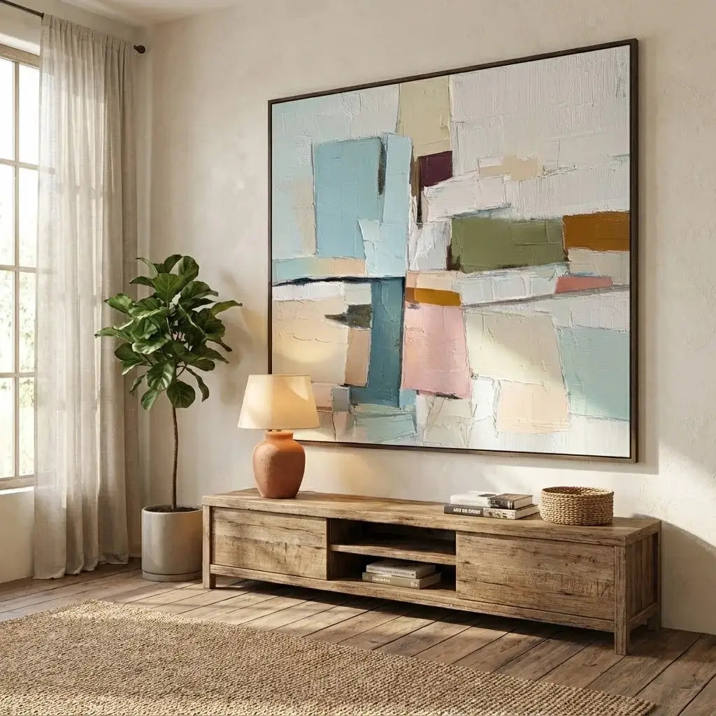 Living room with a wooden TV stand, lamp, plant, and abstract painting.