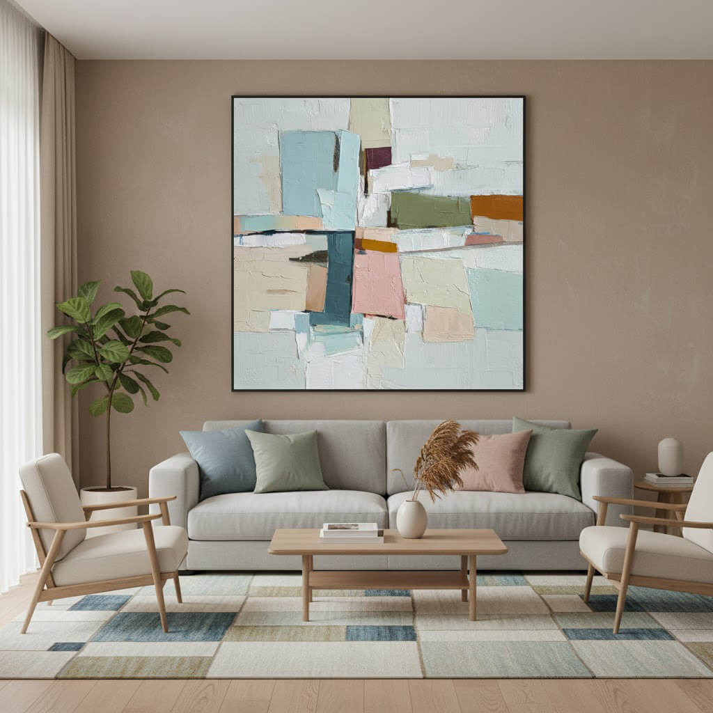 Modern living room with a gray sofa, abstract art, and decorative elements.