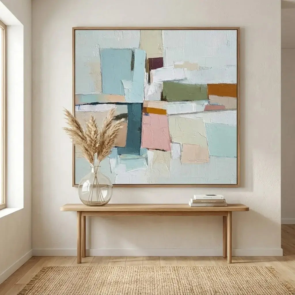 Abstract painting on a wall above a wooden bench with decorative elements.