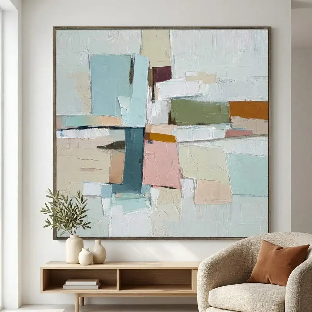 Abstract art piece on a wall above a wooden console table with decorative items.