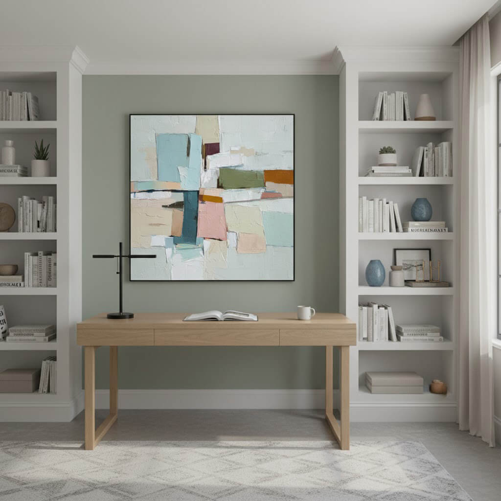 Modern home office with a wooden desk, abstract art, and bookshelves.