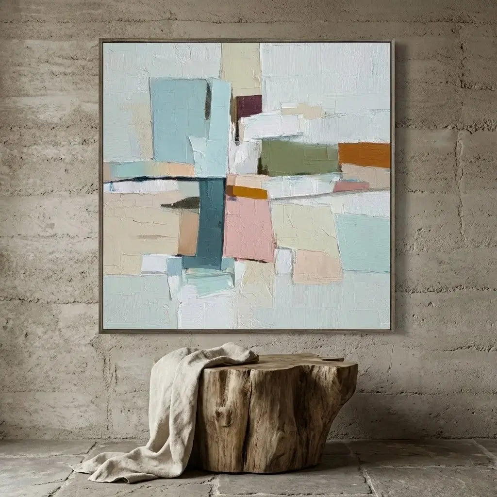 Abstract art piece on a textured wall with a wooden table and cloth in the foreground.