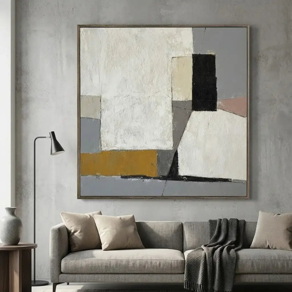 Abstract art piece on a wall above a sofa in a living room setting.