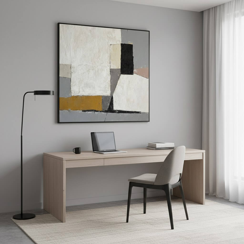 Modern home office with a desk, chair, laptop, and abstract art on the wall.