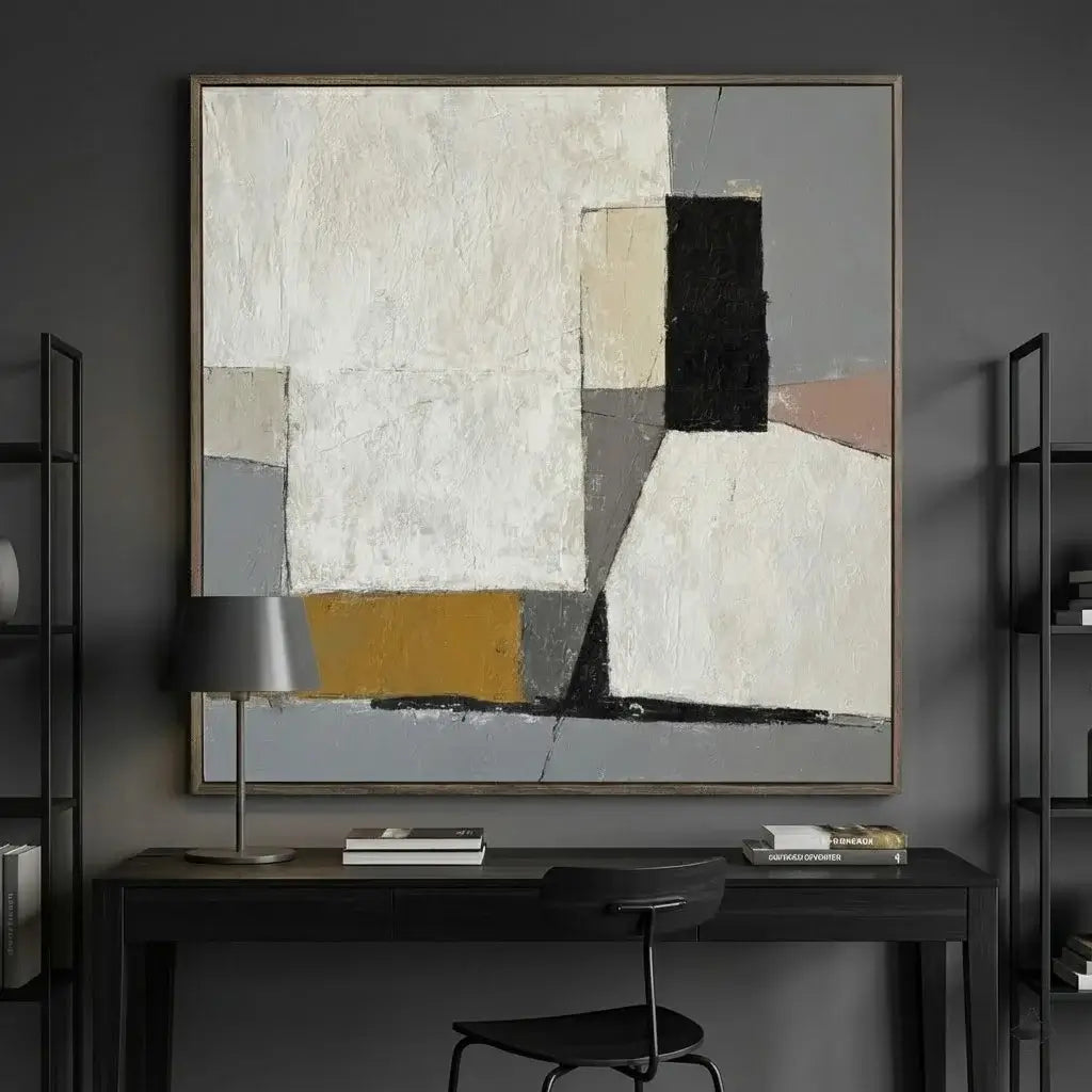 Abstract art piece on a dark wall above a desk with modern decor.
