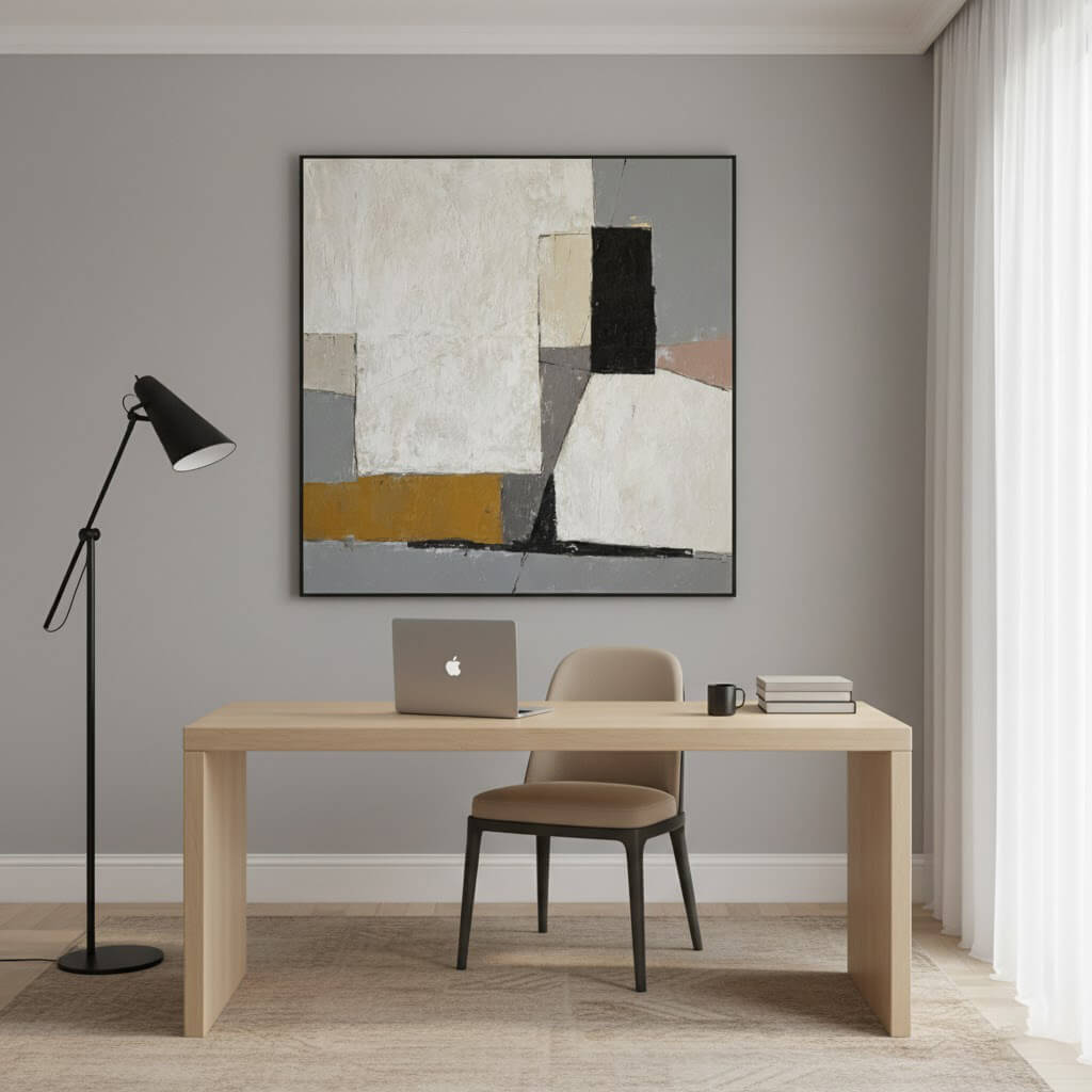 Modern home office with a desk, chair, laptop, and abstract art on the wall.
