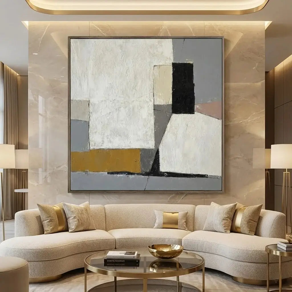 Modern living room with a beige sectional sofa, abstract painting, and decorative items.