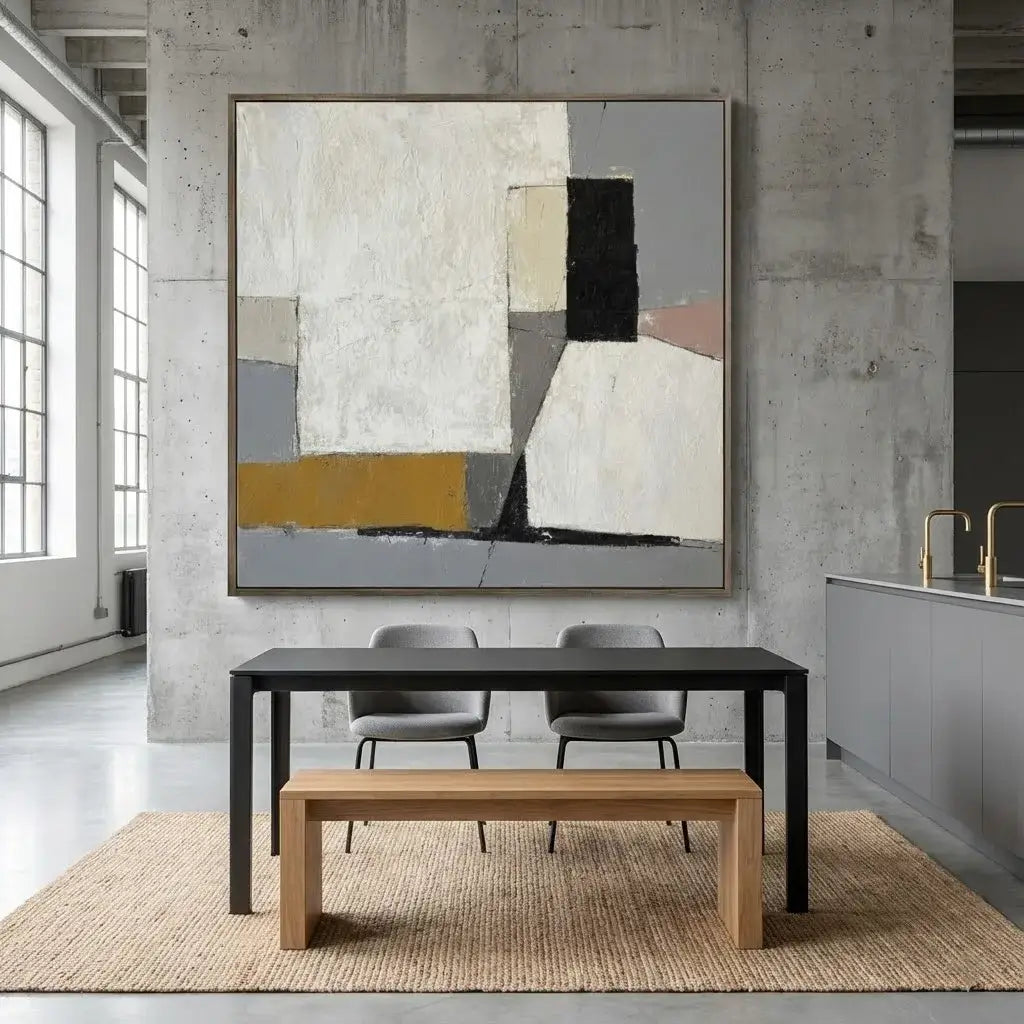Modern dining room with abstract art on the wall, black table, and wooden bench.