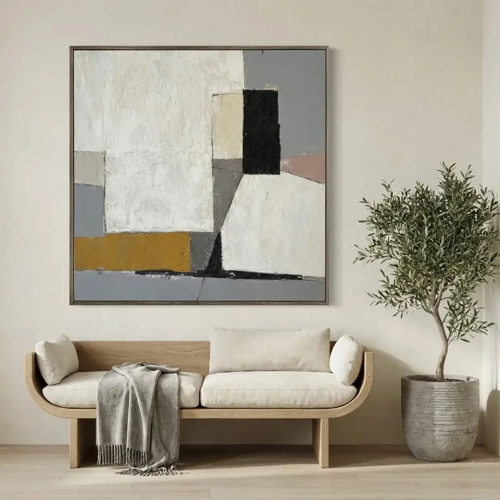 Modern living room with abstract art, sofa, and potted plant.
