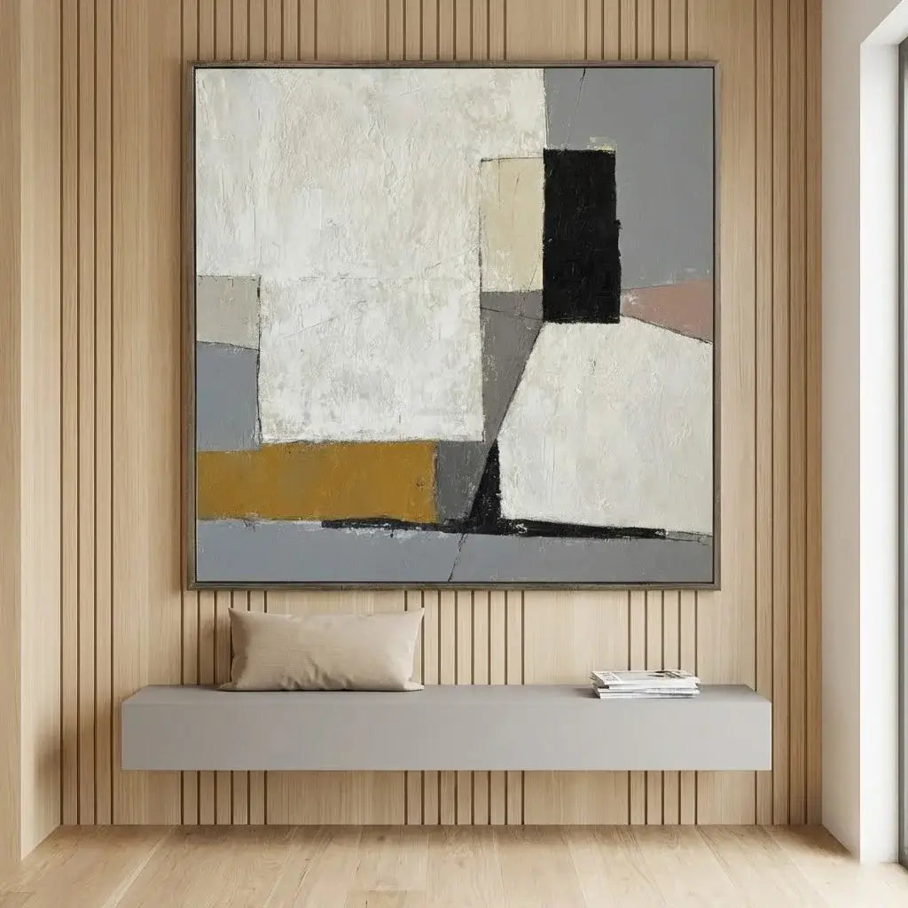 Abstract painting on a wall above a floating shelf with a pillow and books.