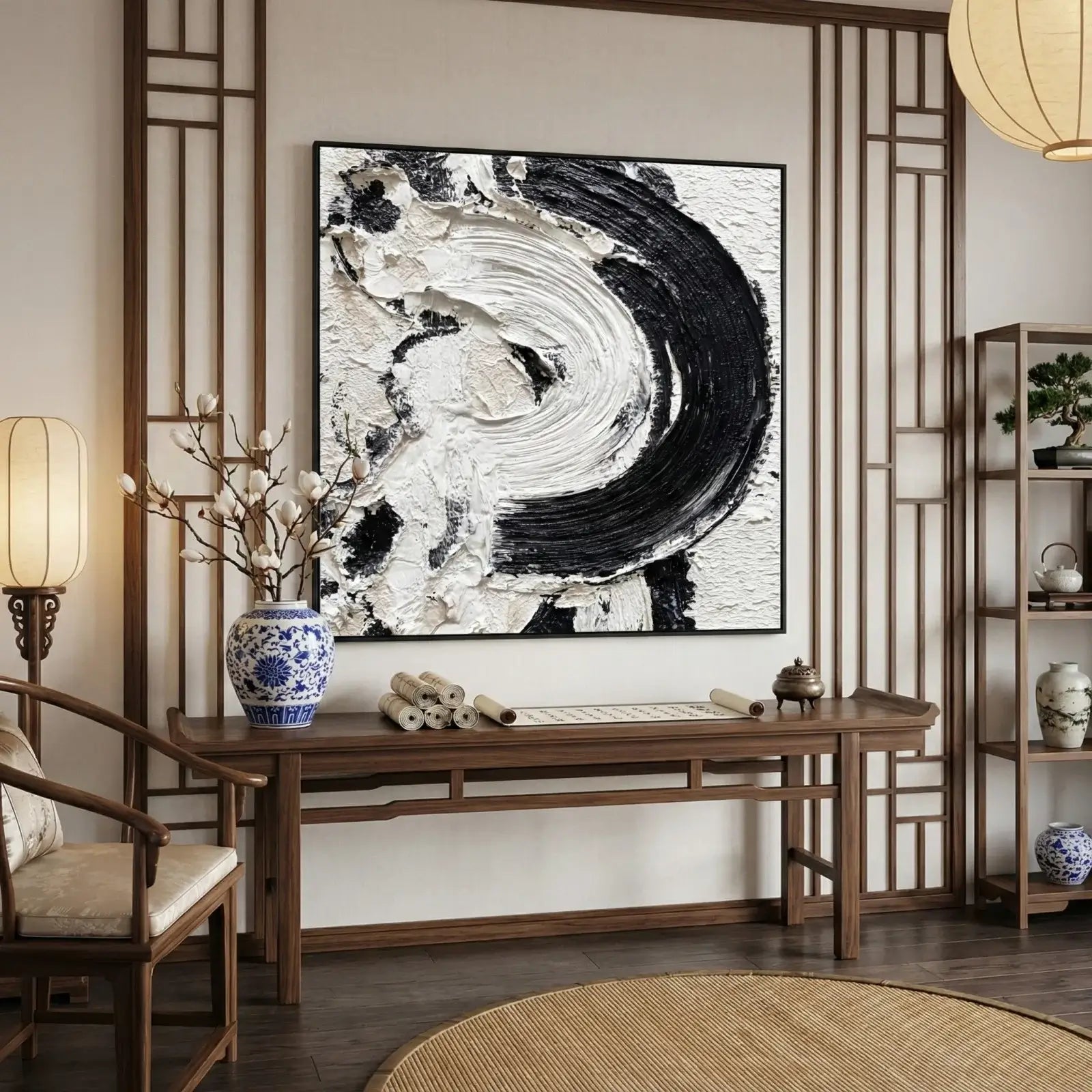 Modern interior design with abstract art, wooden furniture, and decorative items.