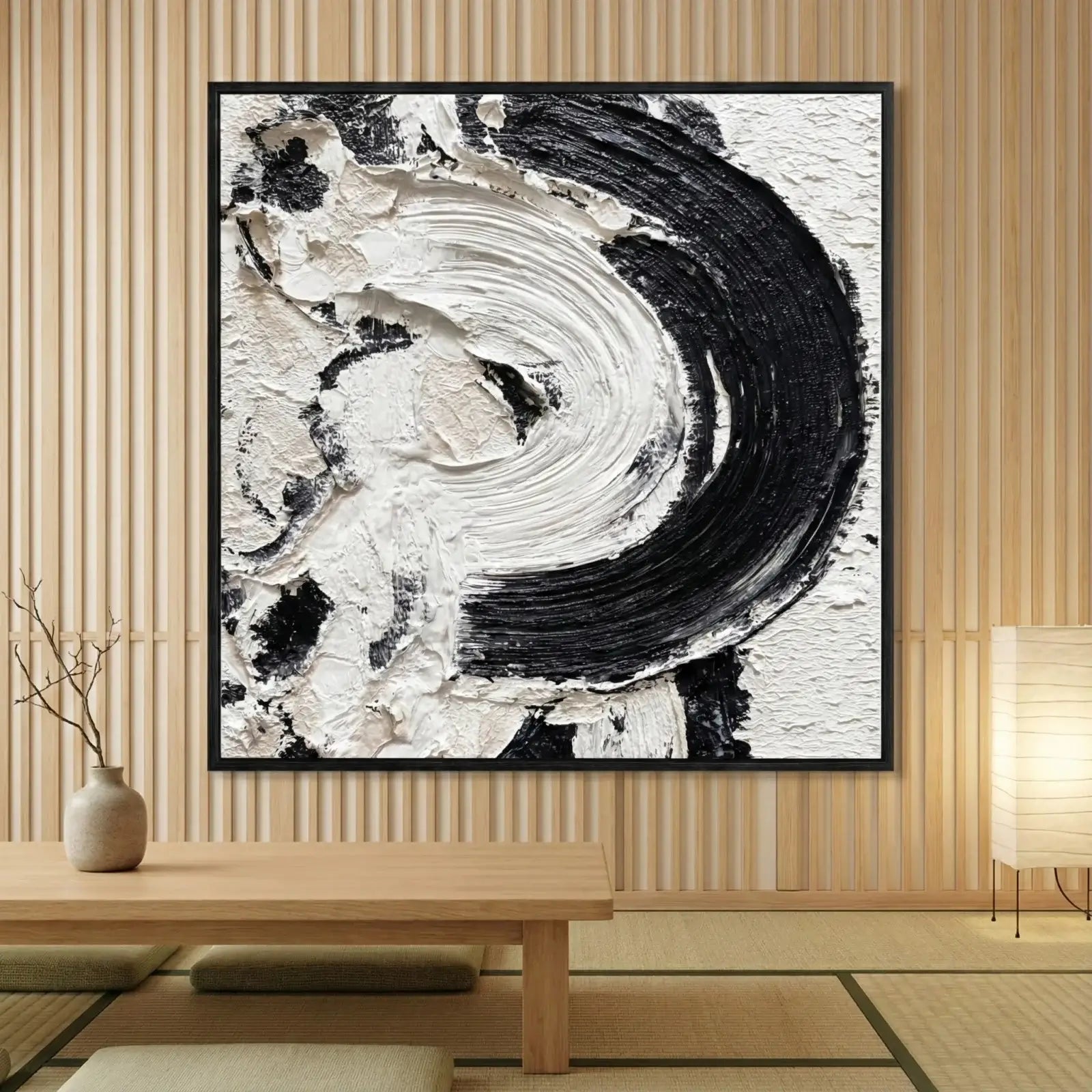 Abstract black and white painting in a modern interior setting