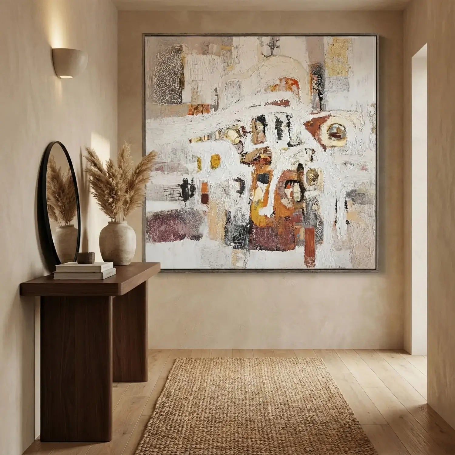 Modern interior with abstract painting, console table, and decorative elements.