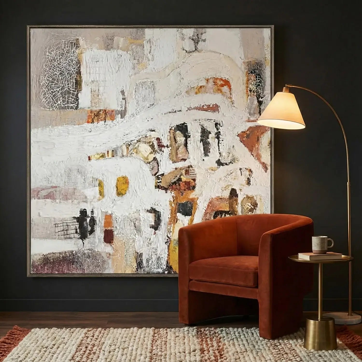 Abstract painting on a dark wall with a red armchair and floor lamp in a room.